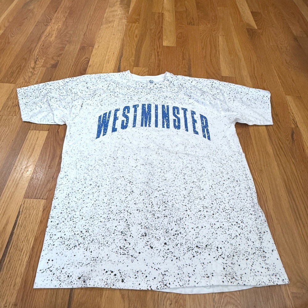 Vintage Artex Westminster T-Shirt Large White Blue Splatter All Over Print 90s